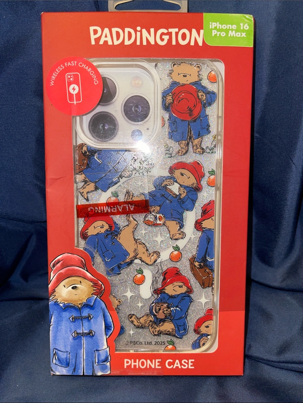 Paddington on a Clear Glitter Case - Blue & Red